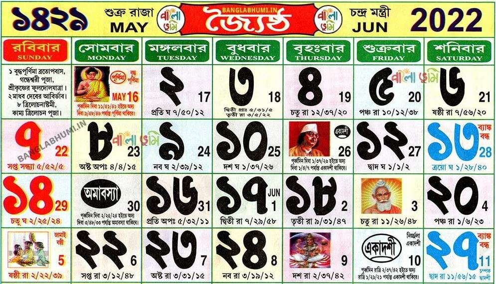 Bengali Calendar: Jaistho 1429 বাংলা কালেন্ডার – জ্যৈষ্ঠ ১৪২৯