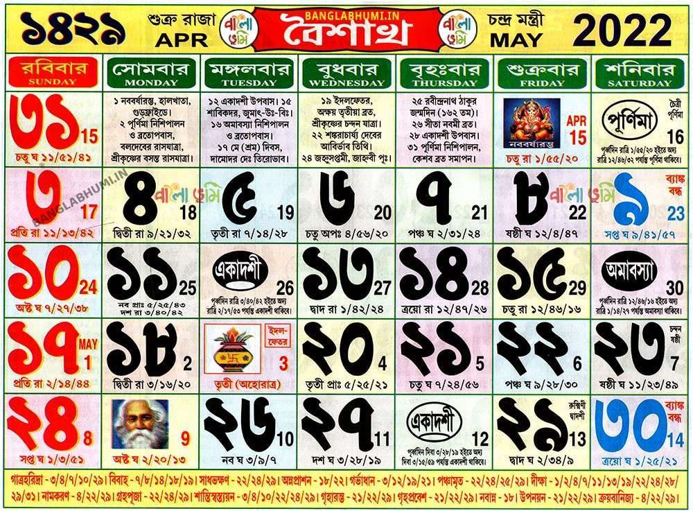 Bengali Calendar : Baisakh 1429 বাংলা ক্যালেন্ডার – বৈশাখ ১৪২৯