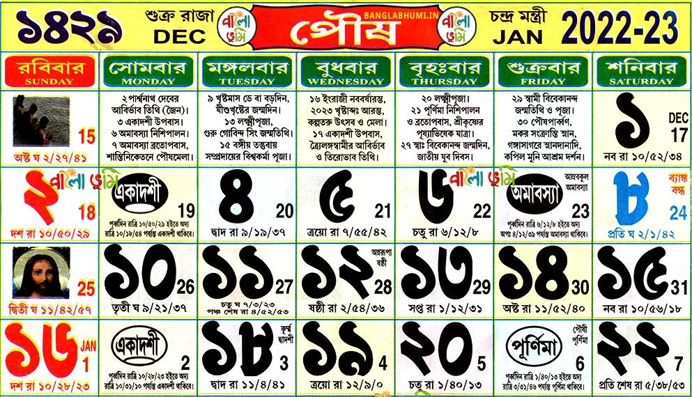 Bengali Calendar : Poush 1429 বাংলা কালেন্ডার – পৌষ ১৪২৯
